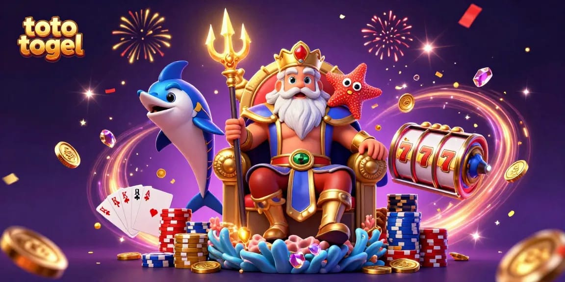 Experience vibrant toto togel gaming action with Neptune and a starfish in a dynamic 3D casino scene.