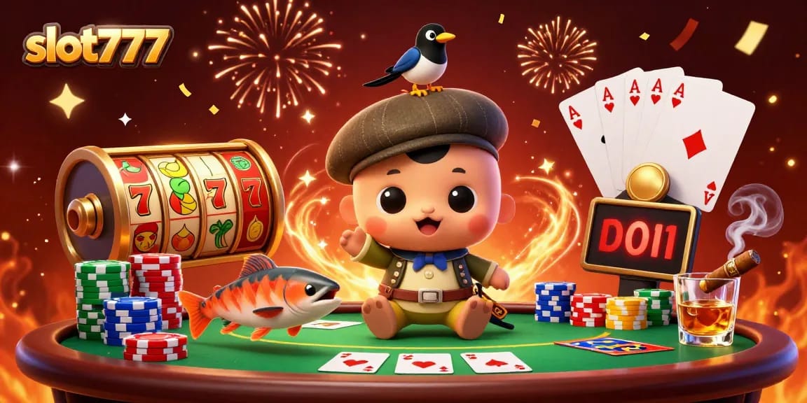 Slot777 menampilkan putaran game slot dalam ilustrasi menarik bersama karakter 3D yang ceria.