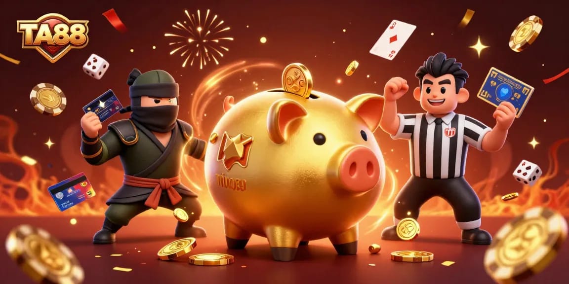 Join the action at TA88 with a golden piggy bank sumo wrestler amid a vibrant casino scene.