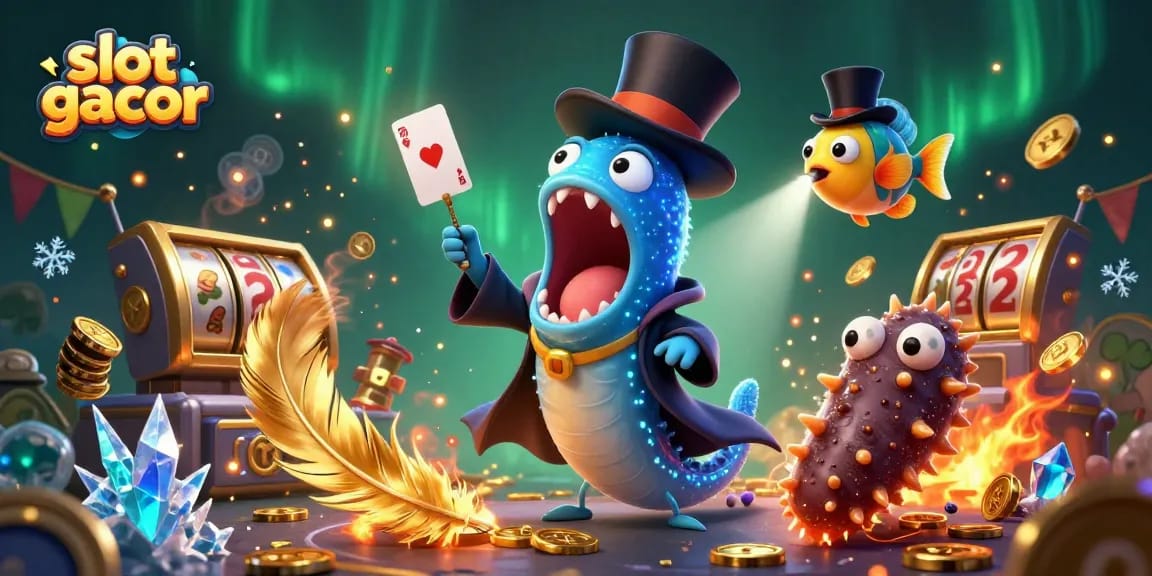 Engage with the slot gacor experience as vibrant characters perform magic tricks in an energetic casino setting.