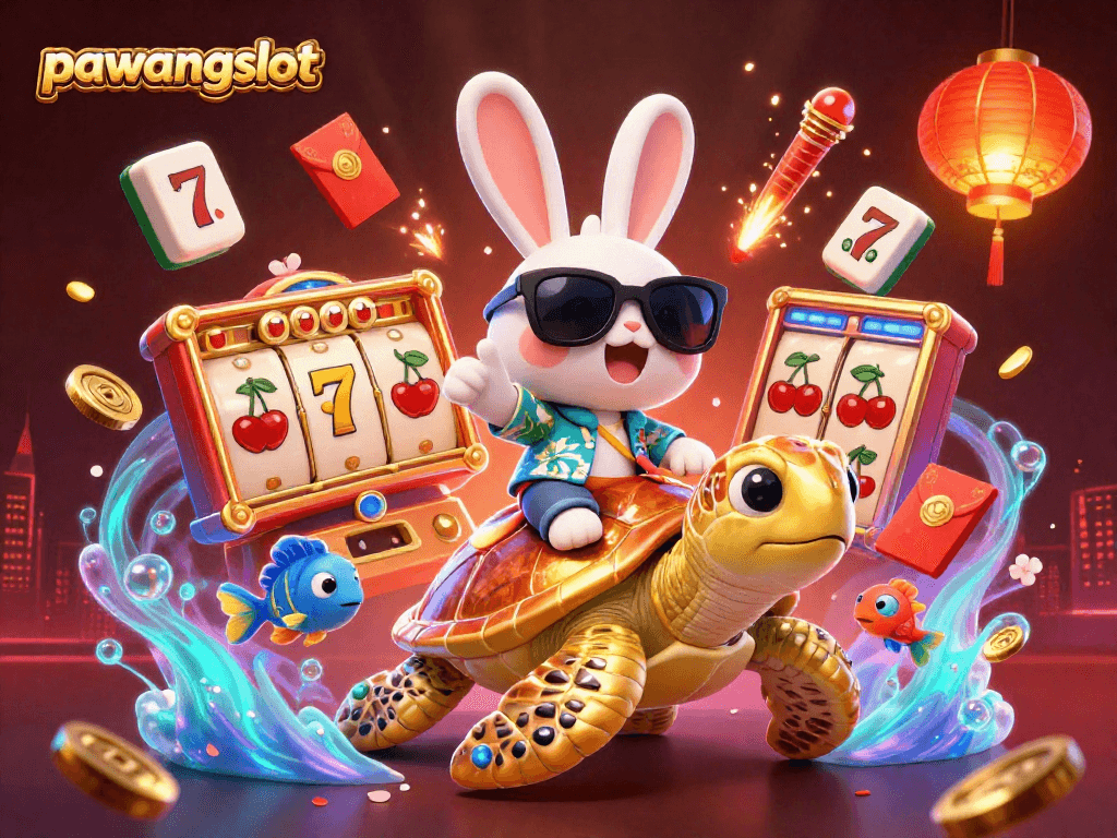 Aksi menarik di pawangslot dengan kelinci keberuntungan dan kura-kura emas di tengah keseruan.slot.
