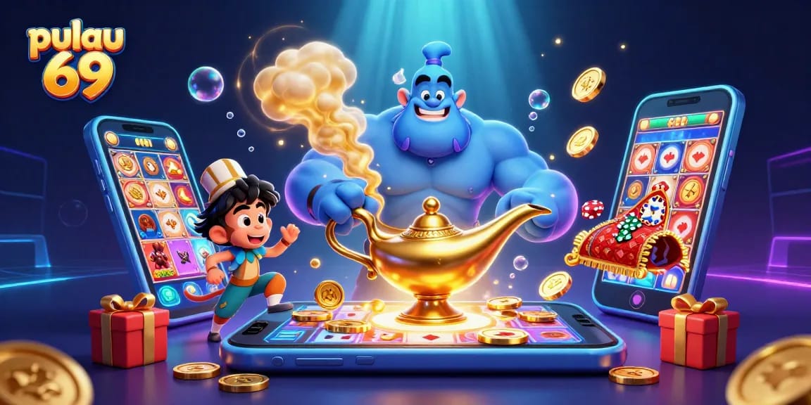 Pulau 69 showcases an exciting casino scene with a genie, monkey, and gaming elements.