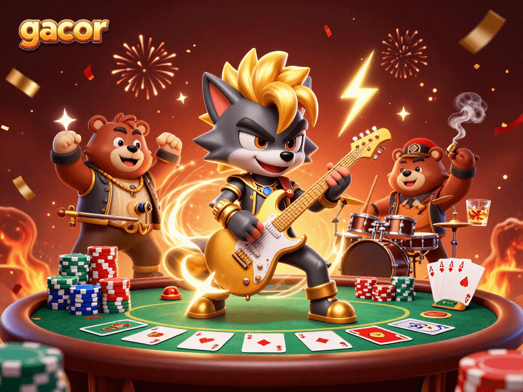 Engage with gacor slots on a vibrant casino stage featuring rock star characters and poker elements.