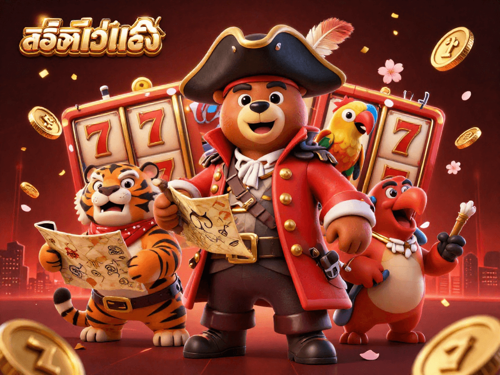 Engage with สล็อตเว็บตรง as the pirate bear and his tiger mate spin the reels for treasure in this vibrant 3D adventure!
