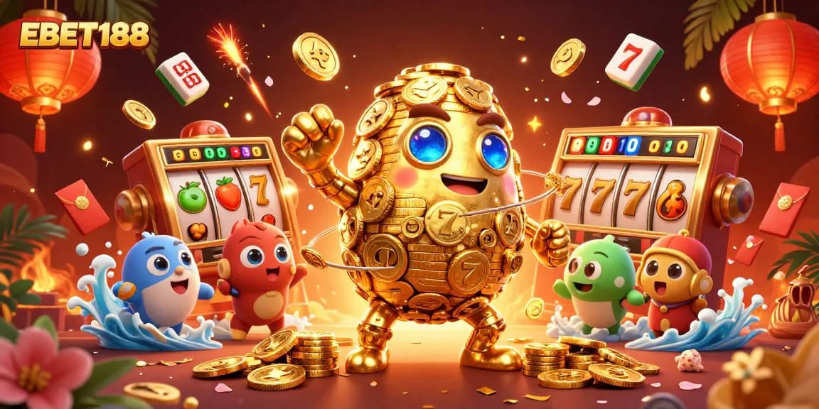 Play slots at EBET188 with vibrant golden golem and festive gaming elements for maximum entertainment.