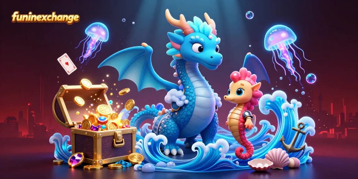 Experience thrilling gameplay with Funinexchange showcasing a majestic azure dragon, seahorse knight, and glowing gems.