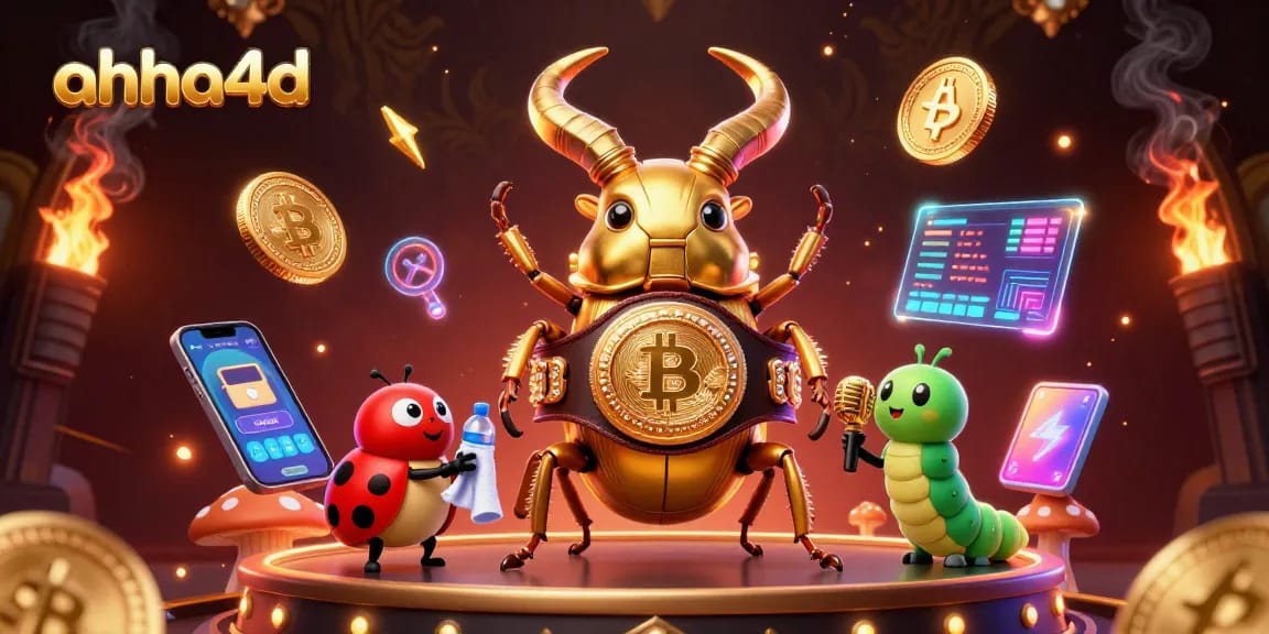 Menggambarkan ahha4d, serangga tanduk raksasa berkemampuan judi penuh warna bersaing dengan koin Bitcoin dan Ethereum, di panggung canggih.