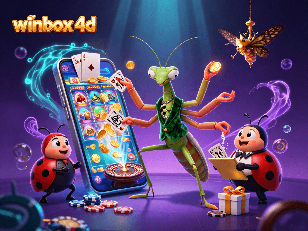 Winbox 4d animation featuring a giant mantis dealer and vibrant slot game elements