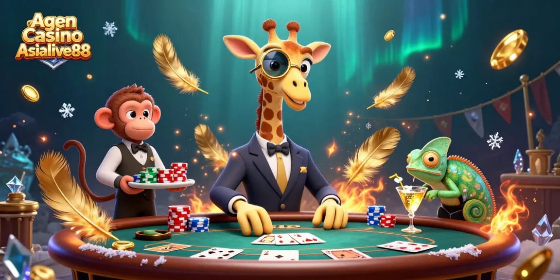 Agen Casino Asialive88 features a high-roller giraffe and monkey valet at a poker table, capturing an energetic gambling atmosphere.