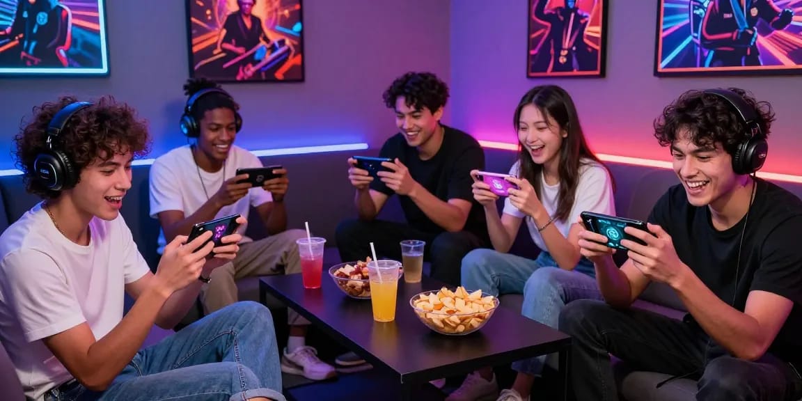 This gaming lounge features friends enjoying 3patti-ok on mobile devices in a vibrant, exciting atmosphere.