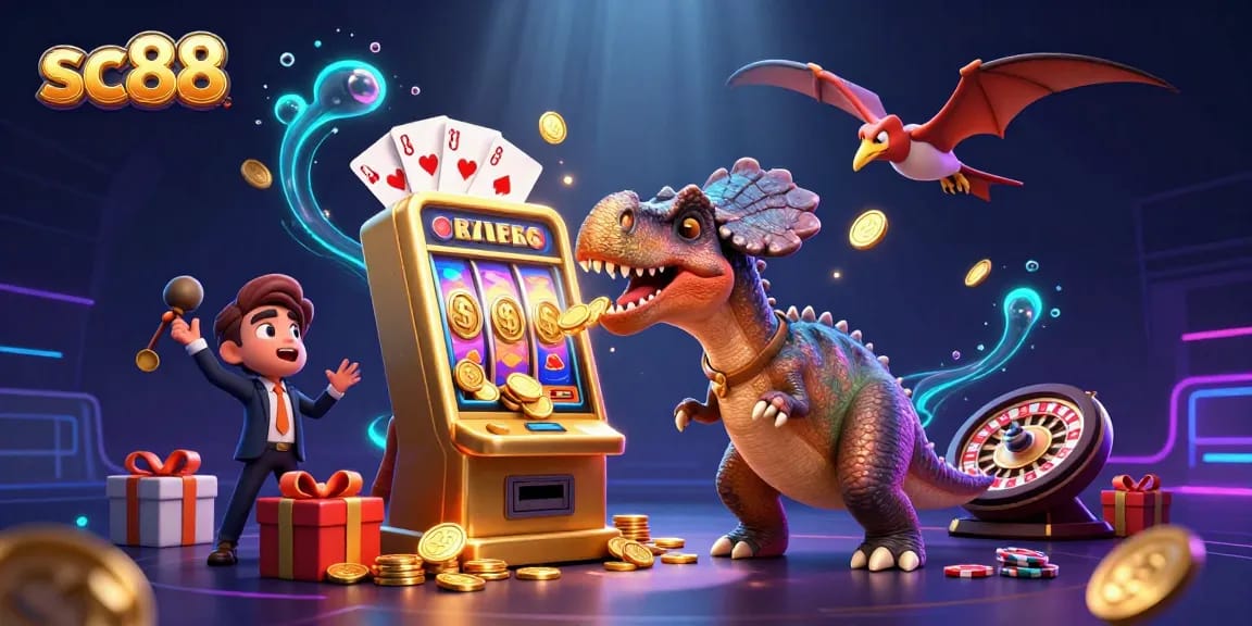 Experience the thrill of sc88 as animated characters engage in a vibrant casino scene with slots and golden coins.