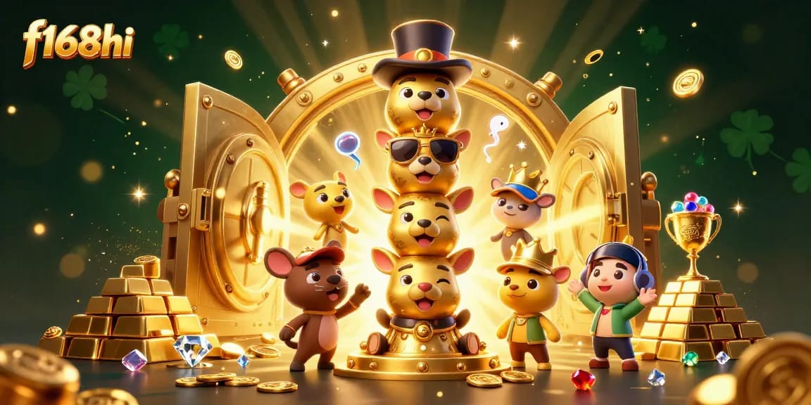 Experience exhilarating wins at f168hi with vibrant 3D casino-themed illustration showcasing excitement and treasure.