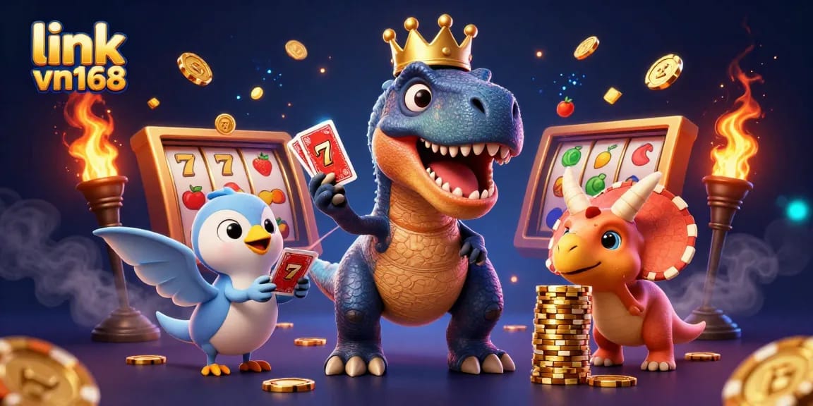 Experience thrilling action at the link vn168 jackpot with a dinosaur card game and vibrant elements.