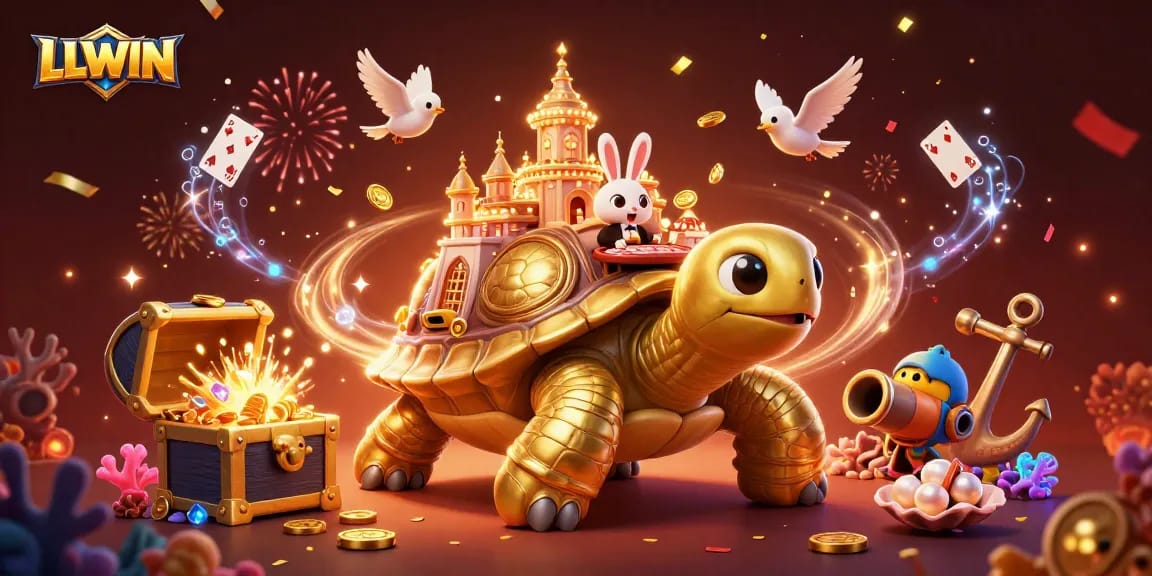 LLWIN offers a vibrant casino experience with a golden tortoise, rabbit dealer, and festive elements.