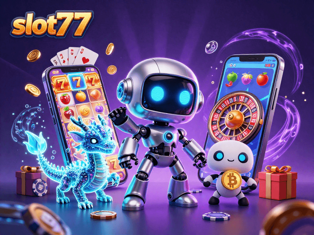 Permainan slot777 dengan robot canggih dan naga holografik di dunia kasino futuristik.