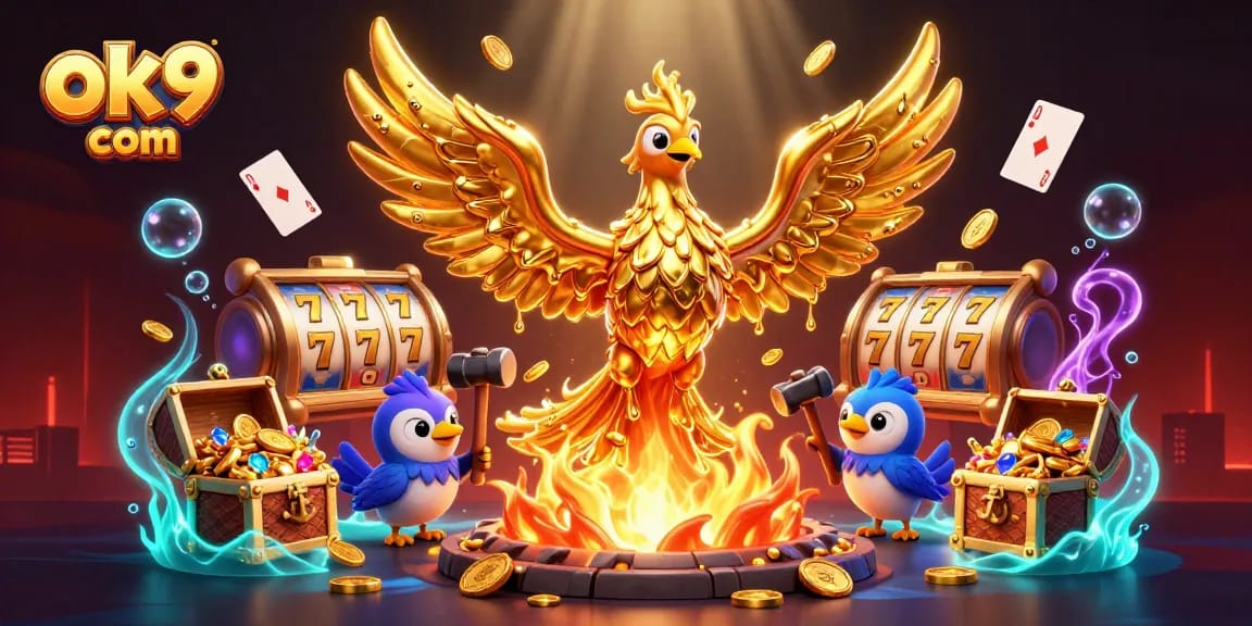 Engage with exciting games at ok9 com featuring a golden phoenix symbolizing jackpots and wins.
