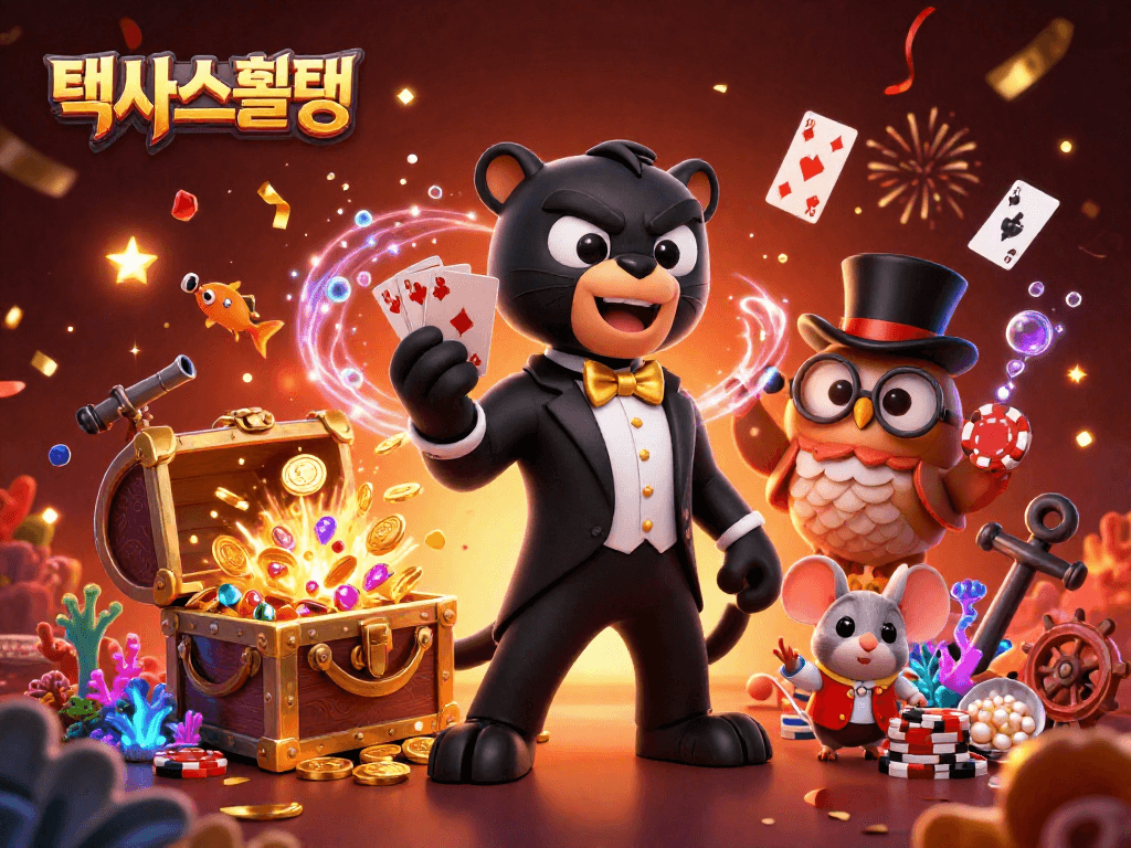 텍사스홀덤에서 화려한 카드 게임을 즐기는 장면, 스타일리시한 팬더와 귀여운 올빼미, 운 좋은 쥐가 함께합니다.