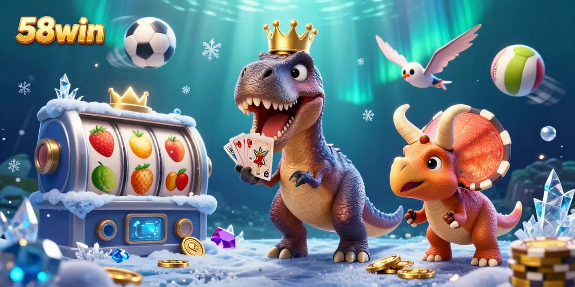 Experience thrilling wins at 58win with a playful illustration of characters engaging in casino fun.