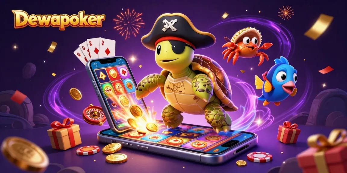 Dewapoker illustration featuring a cartoon pirate turtle and casino elements, celebrating winning moments.