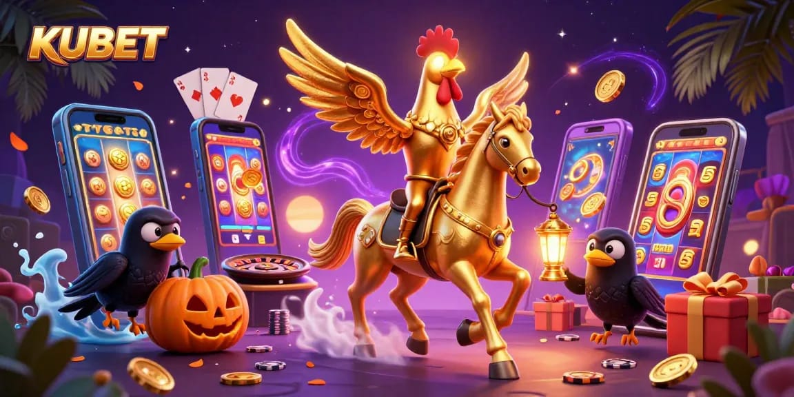 KUBET Casino illustration with a golden rooster, glowing head, and spectral horse amid vibrant gambling elements.