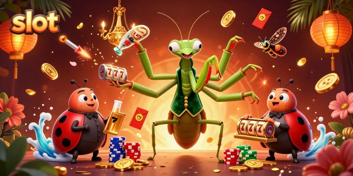 Engage in thrilling slot experiences with giant mantis dealer and vibrant casino elements.