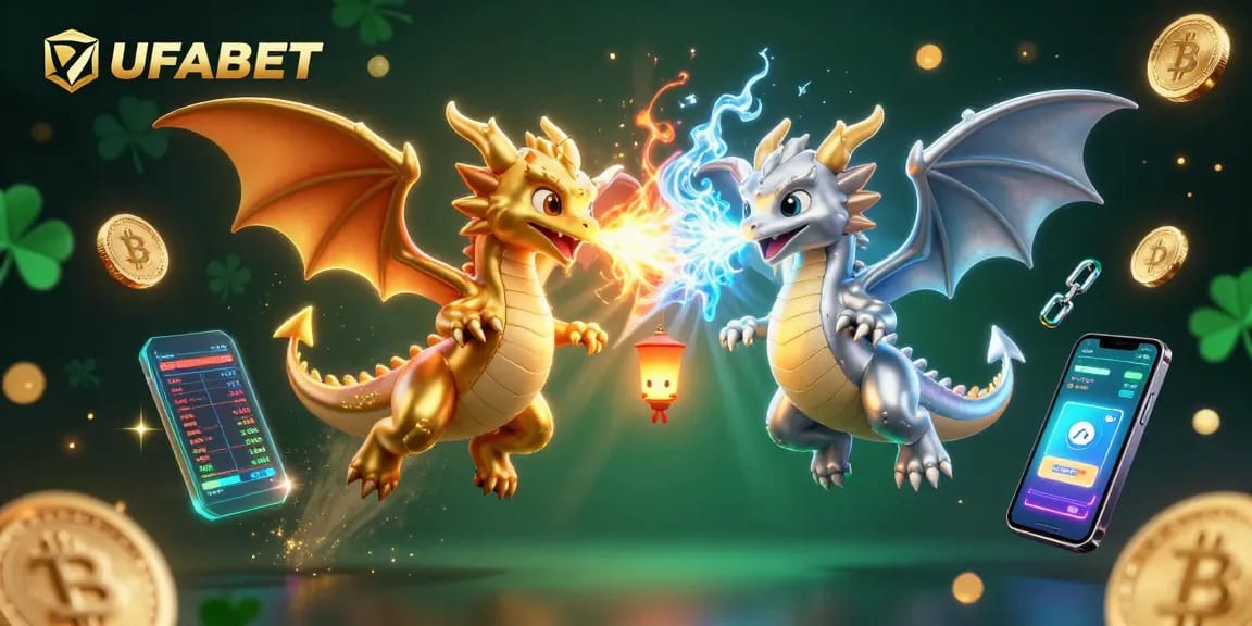Join the UFABET excitement with 3D dragons and crypto elements in a vibrant casino scene.
