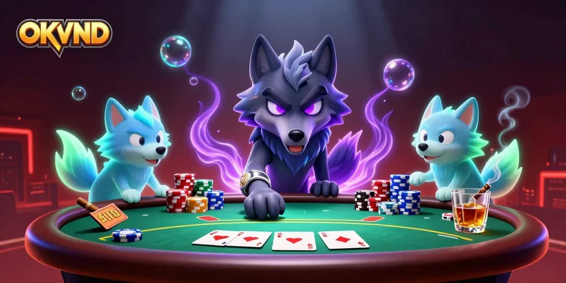 Experience the captivating realms of OKVND at the poker table with vibrant characters and casino elements