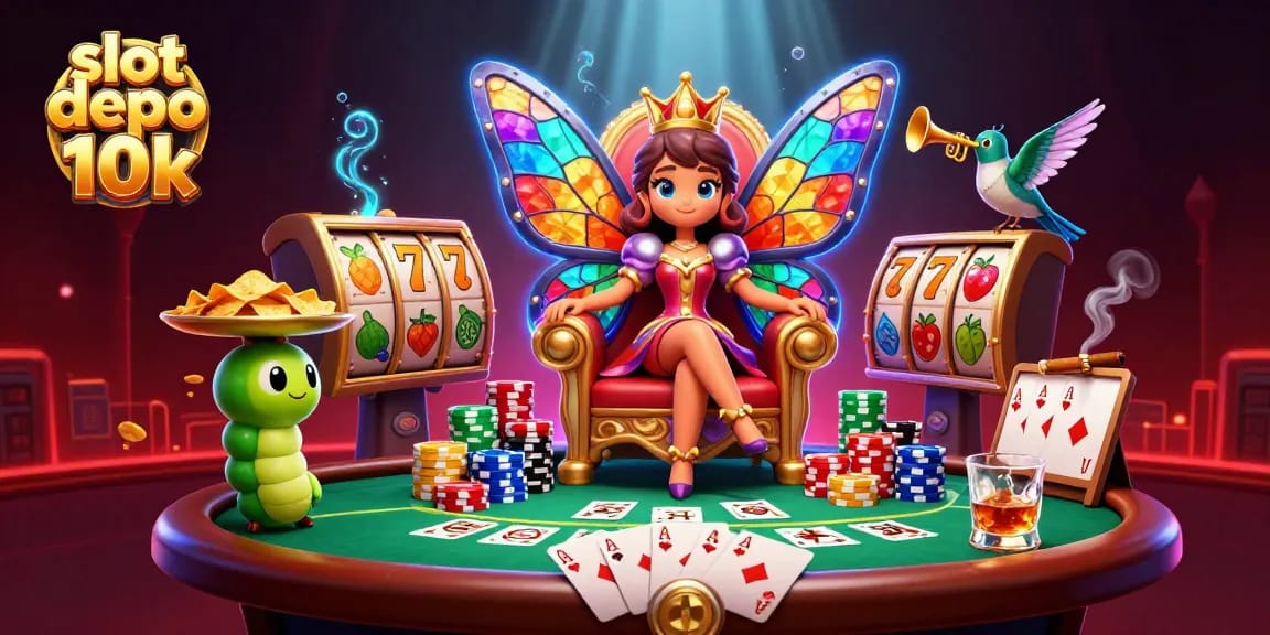 Menggunakan slot depo 10k pada permainan slot yang penuh warna dan tema menarik, dikelilingi oleh karakter unik dan elemen permainan.