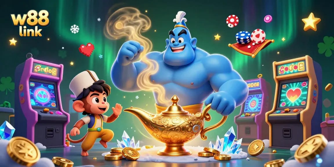Experience the thrill of wagering at W88 link with a dynamic illustration of a genie and casino elements.