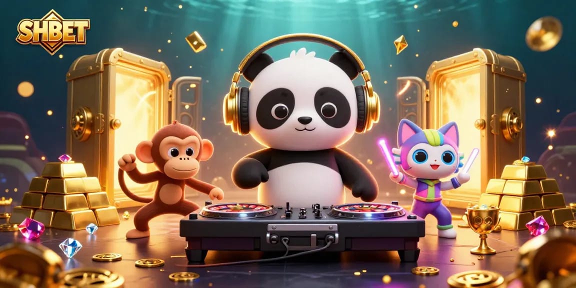 Experience thrilling SHBET gameplay with a DJ panda, breakdancing monkey, and rave kitten amid sparkling treasures.