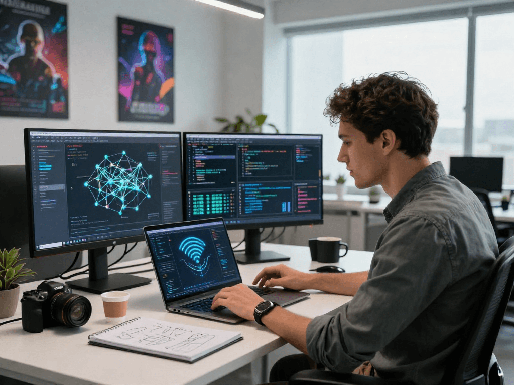 Seorang insinyur perangkat lunak menganalisis teknologi wifi 4d di kantor modern.