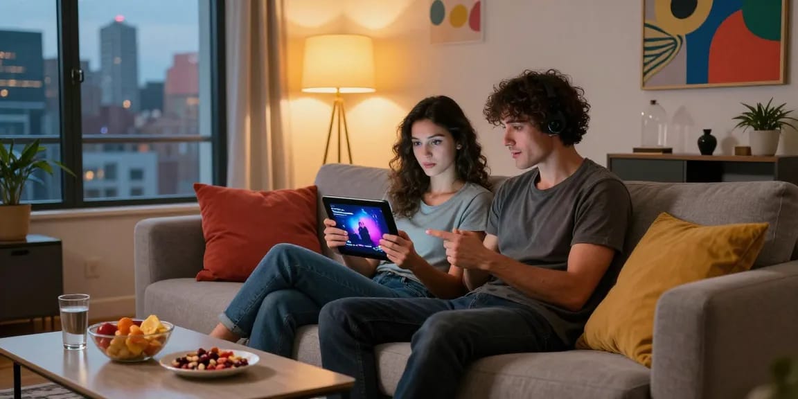 Couple enjoying mind control porn games on a tablet in a cozy urban living room.