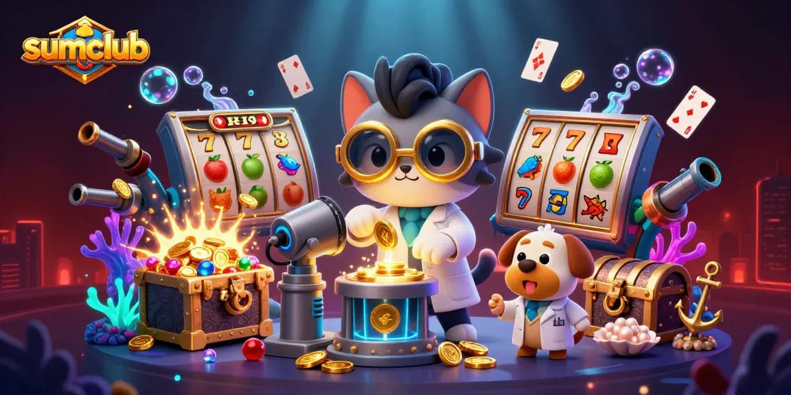 Join sumclub's exciting slots adventure with a cartoon scientist cat and dog creating gold coins.