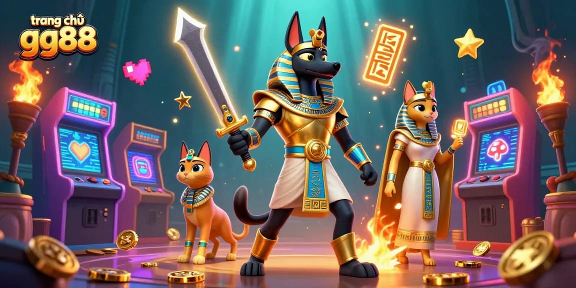 Experience the exciting world of trang chủ gg88 with this vibrant 3D digital illustration showcasing ancient Egyptian characters in a casino atmosphere.
