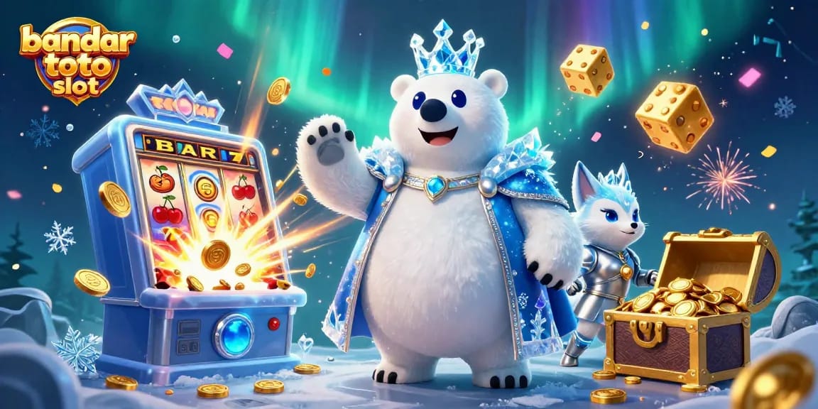 Experience exciting wins with bandar toto slot as a 3D cartoon ice king and snow fox champion in an atmospheric casino scene.