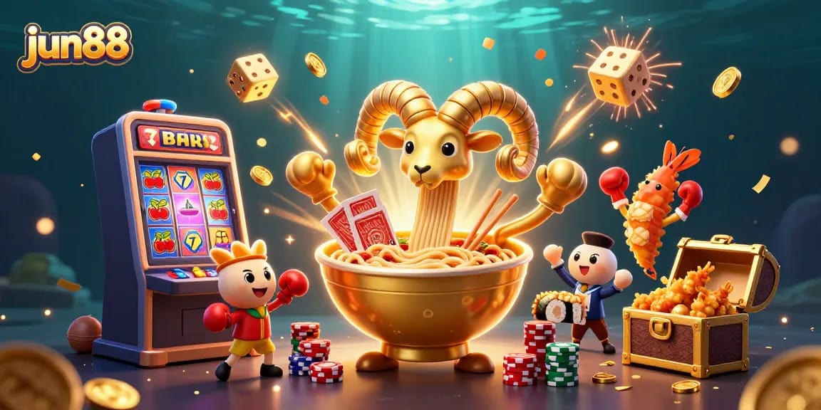 Experience thrilling gaming at jun88 with a vibrant scene of cartoon characters engaging in casino action, featuring a golden ramen bowl, chips, and slot machines.