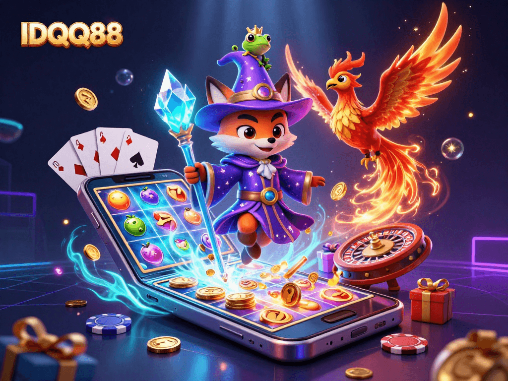Join IDQQ88 for thrilling slot game action with a mystical wizard fox, phoenix, and exciting game elements.