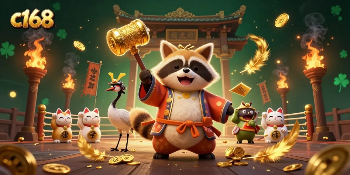 C168 showcases a vibrant festival scene with a cheerful tanuki engaging in casino games, surrounded by lucky symbols and gold coins.