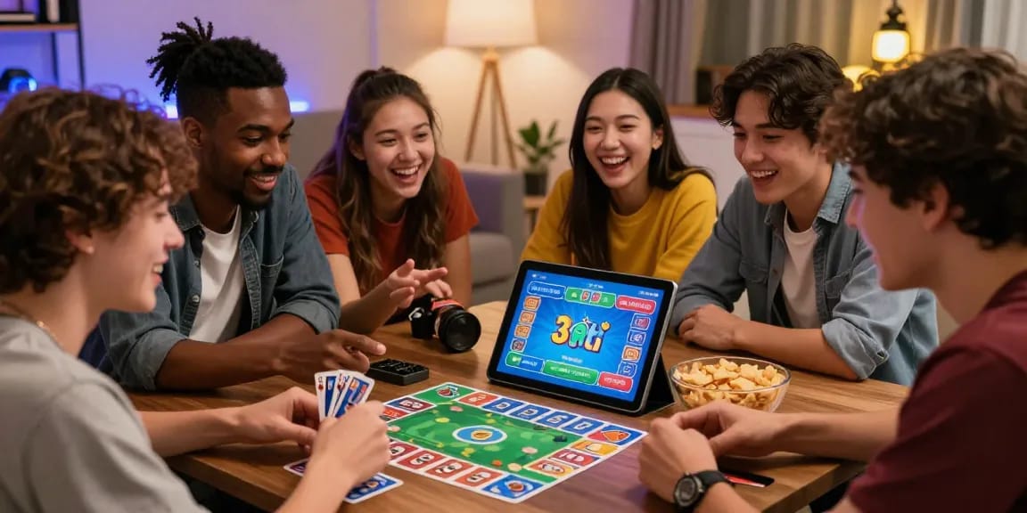 Download the vibrant 3 Patti Blue game with friends enjoying gameplay on a tablet in a cozy living room.