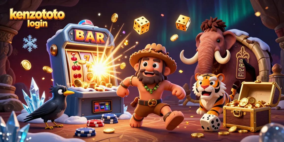 Experience the thrill of kenzototo login with an exciting 3D illustration of a prehistoric casino scene.