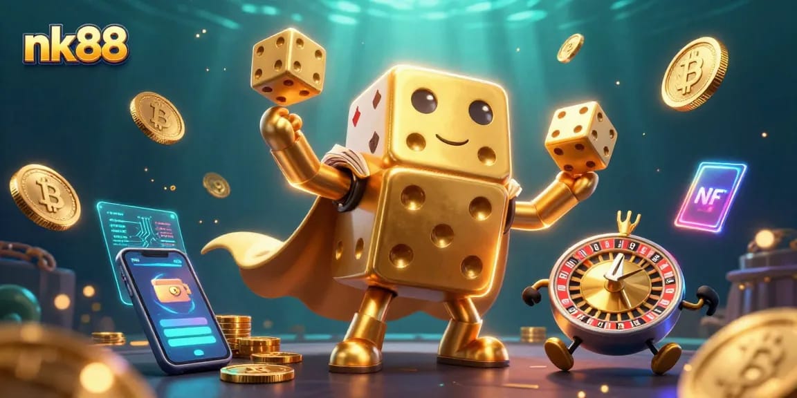 Experience the vibrant energy of nk88 casino through a richly animated scene with golden dice and crypto elements.