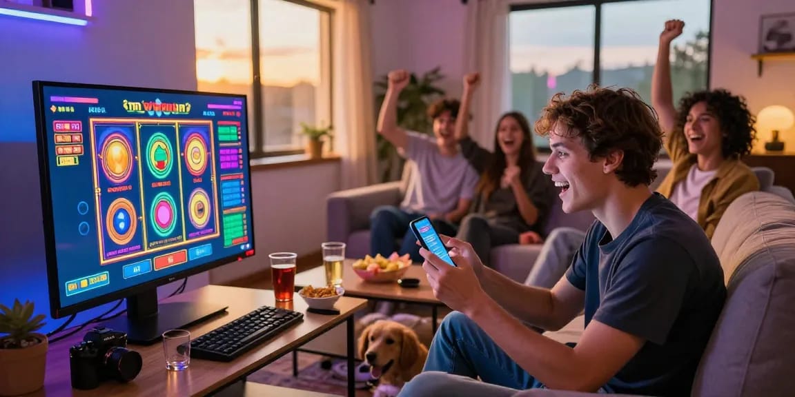 Experience deposit tanpa minimal in a lively home gaming setting, showcasing a dedicated gamer engaged with friends.