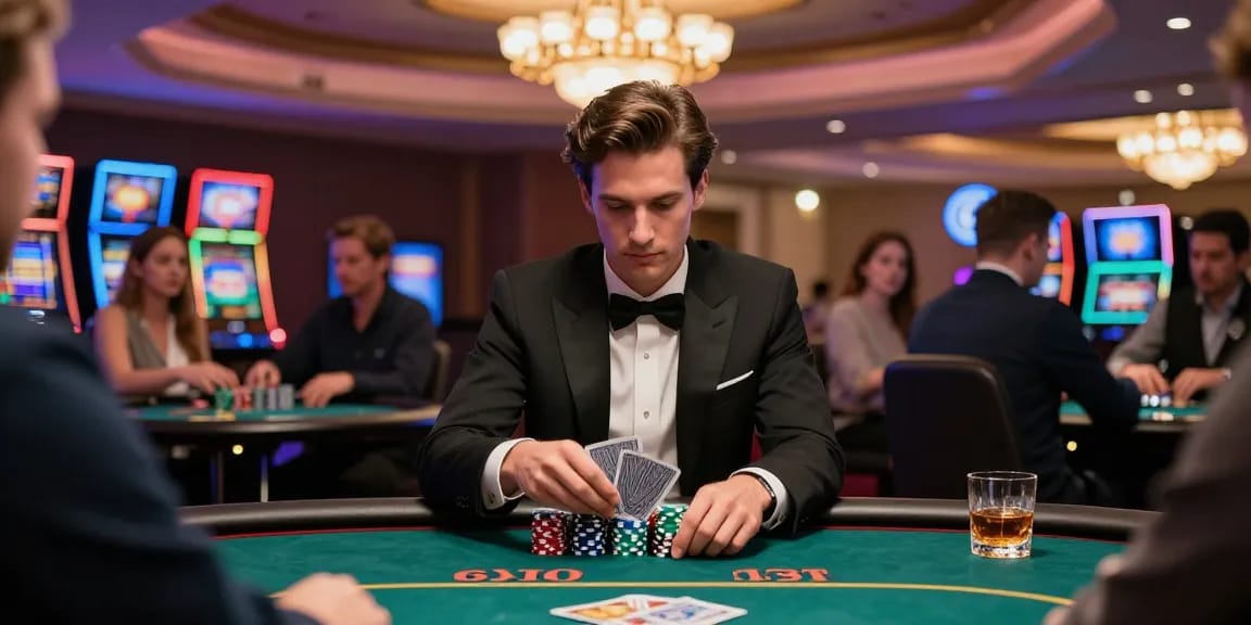 Gambler berstrategi di meja poker dalam suasana kasino terjun4d yang mewah.