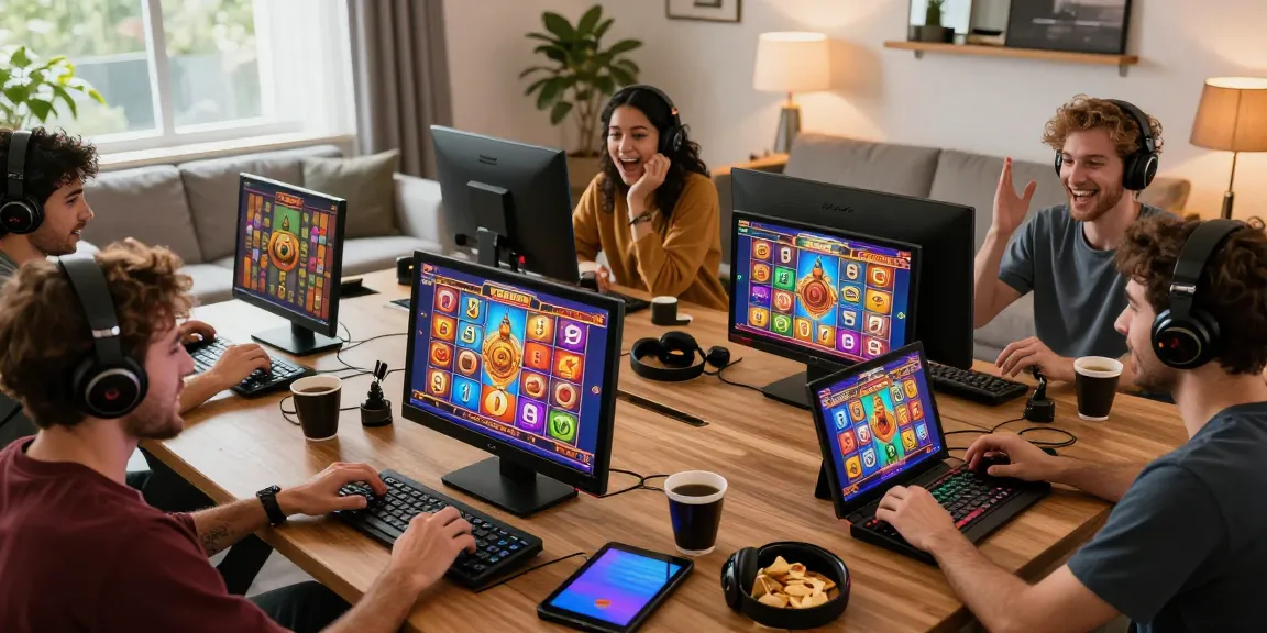 Excited players enjoying ngamenjitu online slot games in a vibrant home environment.
