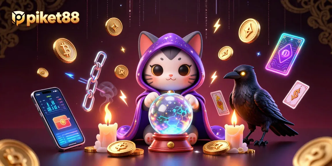 Engage with piket88 and explore vibrant casino scenes featuring a mystical fortune teller and glowing crypto elements.