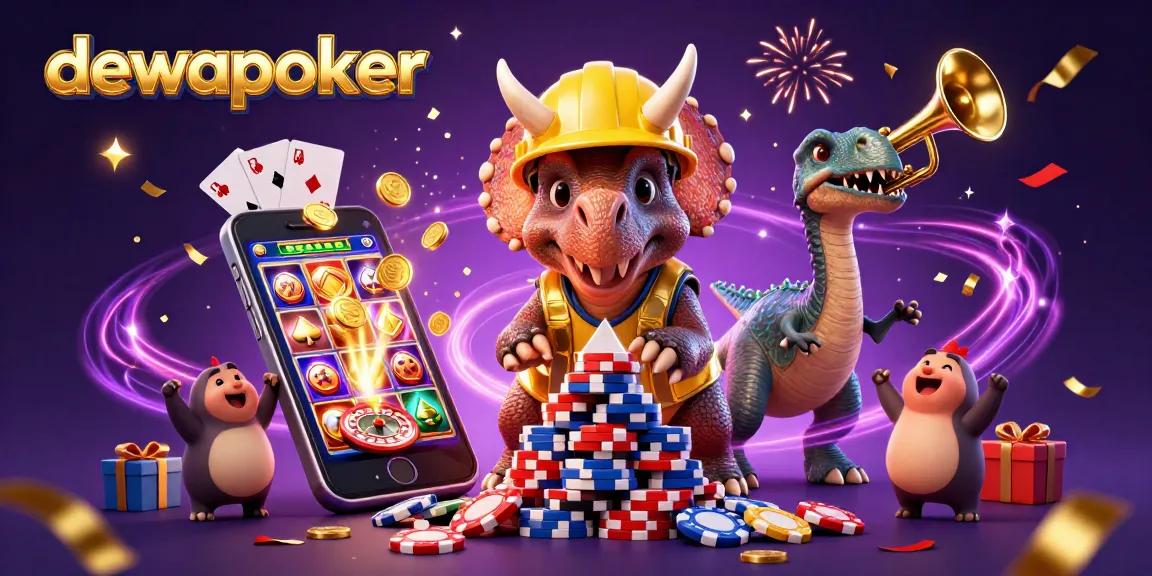 Dewapoker menghadirkan keseruan permainan kasino dengan triceratops membangun tumpukan chip poker.