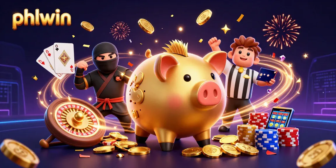 Experience excitement at phlwin with a dynamic 3D scene featuring a golden piggy bank sumo wrestler and colorful casino elements.