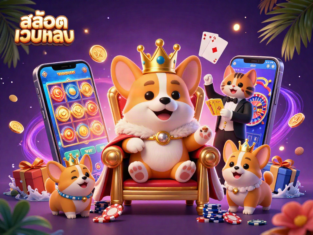 Engage with สล็อตเว็บตรง through a vibrant 3D casino scene featuring a royal corgi and gaming elements.