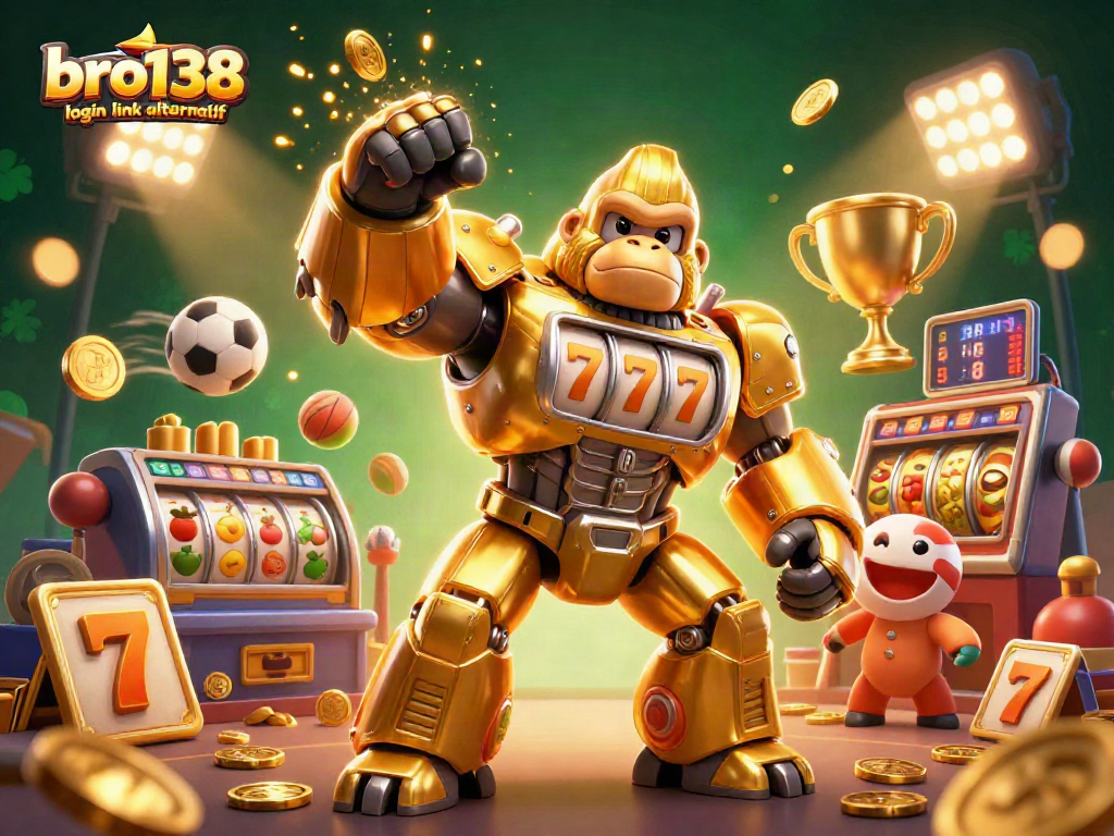 Jelajahi bro138 login link alternatif dengan gorila emas transformer dan simbol jackpot yang megah