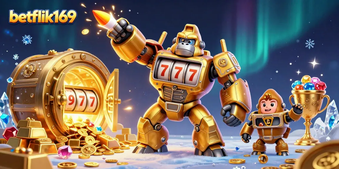 สัญลักษณ์โชคดีที่แสดงถึงการเล่นเกม betflik169 ด้วยหุ่นยนต์กอริลลาทองคำที่สร้างมาจากสล็อตแมชชีน
